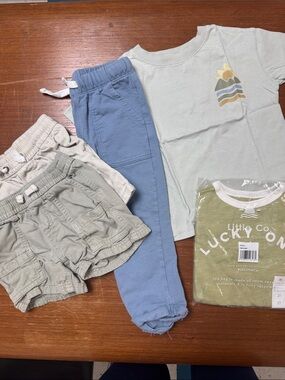 Little Co Kids Tee, Shorts, & Jogger Set in Sage, Blue, and Khaki